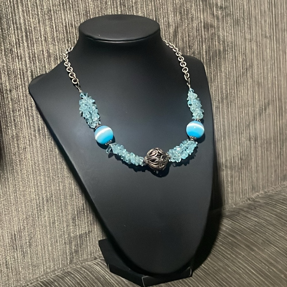 .925 Sterling TOPAZ CAT’S EYE BEADED NECKLACE real solid Silver Fine Jewelry - Picture 3 of 14